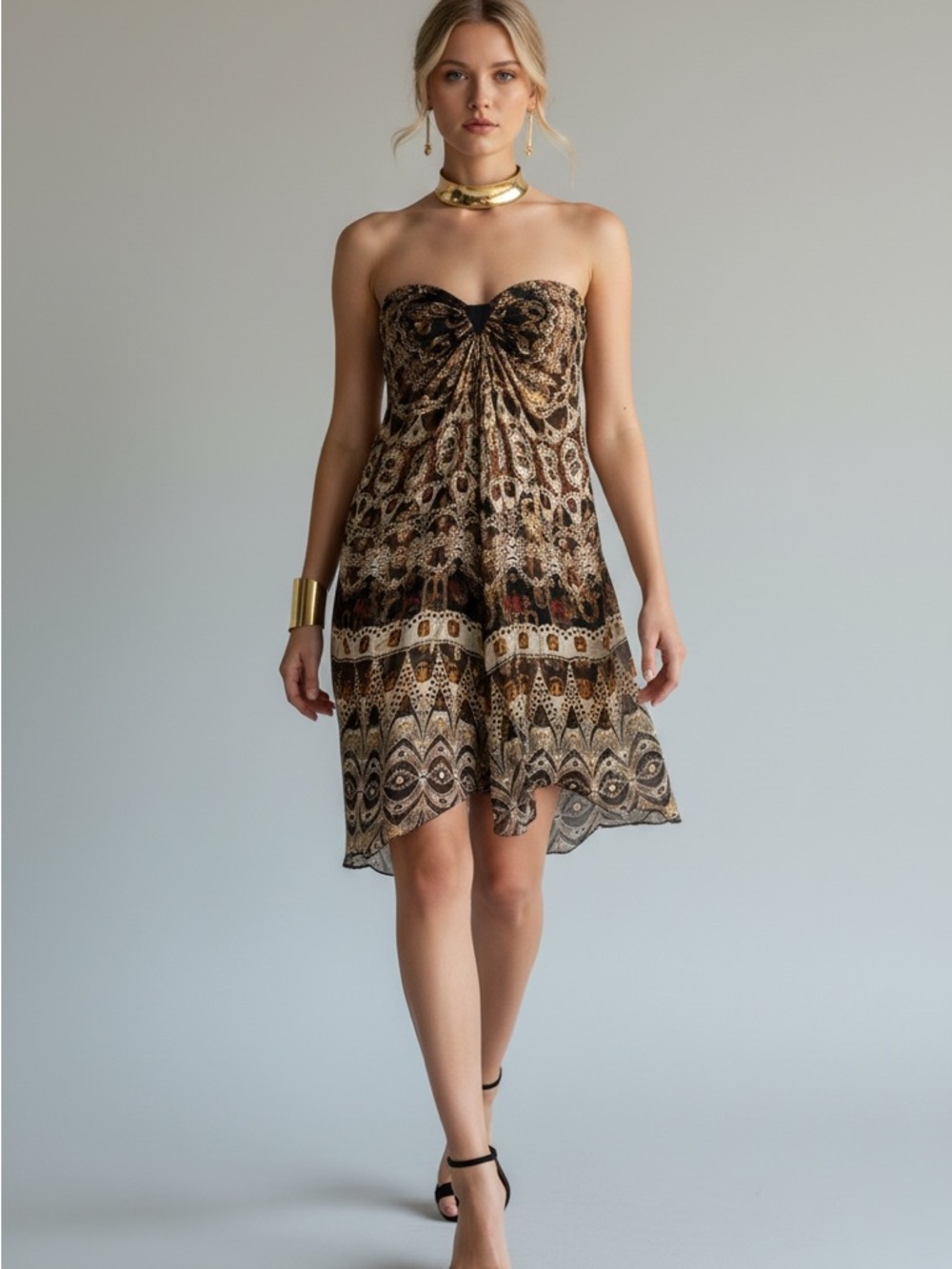 Nicole Miller gold label Strapless metallic Paisley Cocktail Dress in Black gold